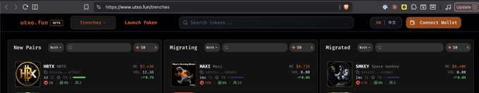 Screenshot of the UTXO.fun website displaying a 'Trenches' section with token categories including 'New Pairs' (HBTX), 'Migrating' (MAXI), and 'Migrated' (SMKEY) with pricing and volume data.
