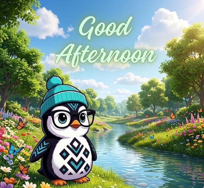 The image features a cartoon penguin standing in a grassy field with flowers and trees around it. The penguin has glasses on its face, giving it a unique appearance. In front of the penguin, there are butterflies fluttering about, adding a touch of color to the scene. The background is filled with trees and bushes, creating a natural setting for the penguin. Above them all, the sky is blue with fluffy white clouds, suggesting that it might be a sunny day.