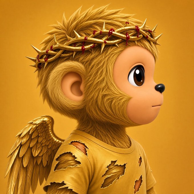 A 3D rendered illustration shows an anthropomorphic teddy bear character in profile against an orange background, wearing a golden crown of thorns with red details, a tattered yellow shirt, and golden angel wings.