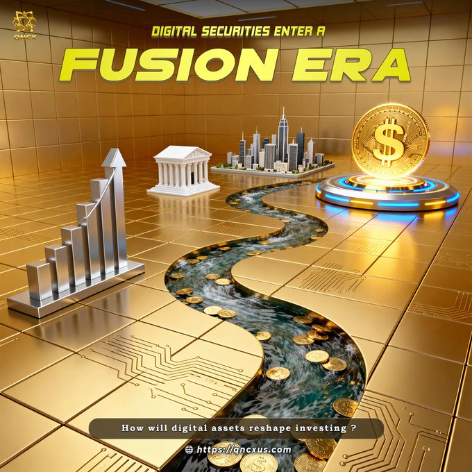 A futuristic golden-themed graphic titled "DIGITAL SECURITIES ENTER A FUSION ERA" features 3D renderings of stock growth charts, a classical bank building, a cityscape, and a large dollar symbol, all connected by a winding river of coins flowing through a circuit-board floor. The tagline reads "How will digital assets reshape investing?" alongside the URL "https://qncxus.com," visually reinforcing the post's theme of tokenized stocks and blockchain-based multi-asset finance.