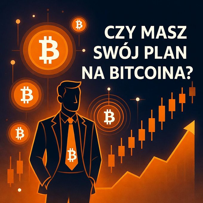 Digital illustration with Polish text 'CZY MASZ SWÓJ PLAN NA BITCOINA?' (Do you have your plan for Bitcoin?) showing a businessman in a suit alongside Bitcoin logos, candlestick charts, and an upward trending arrow.
