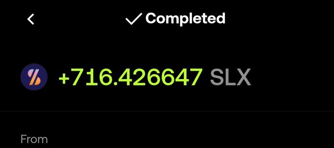 A completed transaction screen showing a receipt of +716.426647 SLX tokens, corroborating the user's post about claiming another 700 SLX from daily staking rewards.
