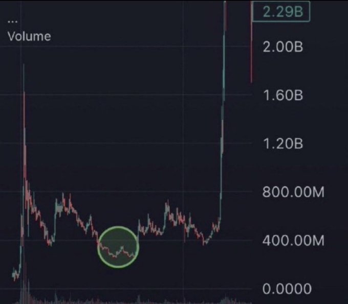 The image shows a trading chart with a massive vertical volume spike reaching 2.29B on the y-axis, highlighted by a green circle around a low-volume period. This illustrates the post's message about holding a coin through low-activity consolidation ("no paper hands") in anticipation of a breakout to over $1 billion market cap, with the towering volume bar symbolizing the eventual moonshot.