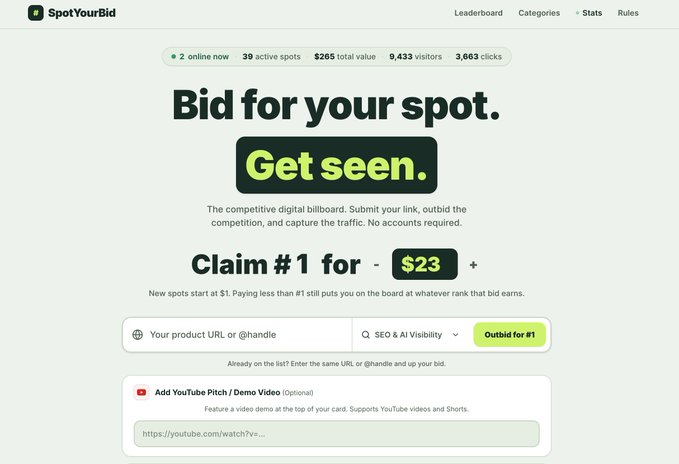 A screenshot of the SpotYourBid website showing the headline 'Bid for your spot. Get seen.' with 'Claim #1 for $23' and options to enter a product URL or handle.