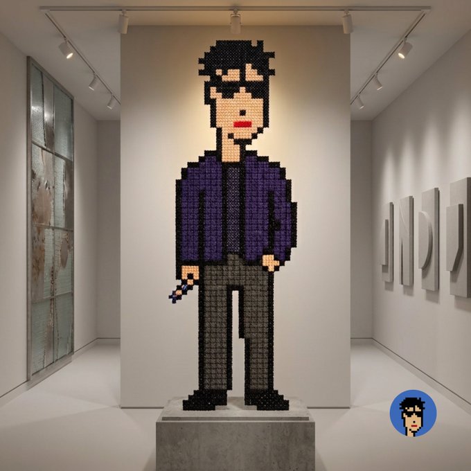 A pixel-art sculpture of a man in a purple jacket and gray pants holding a small object stands in a modern art gallery, with a small circular icon of the character in the bottom right corner.