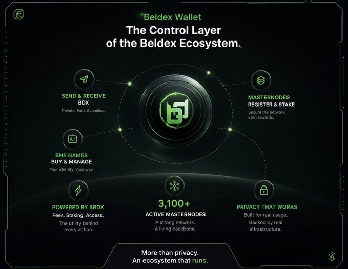 Marketing graphic for 'Beldex Wallet' described as 'The Control Layer of the Beldex Ecosystem', featuring send/receive BDX, BNS names, masternodes, and 3,100+ active masternodes.
