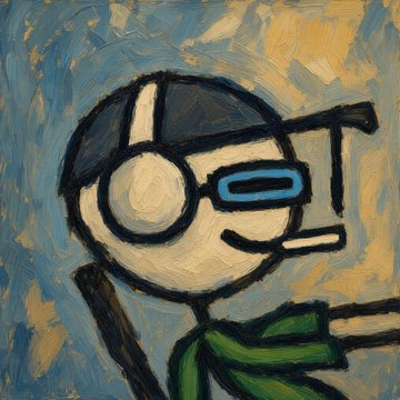 A painted portrait of a round-headed cartoon character wearing glasses with blue frames and a green scarf, set against a blue and yellow textured background.