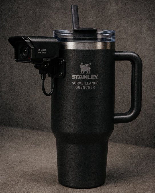 A black Stanley "Surveillance Quencher" tumbler modified with a mounted security camera labeled "HD 1080P WIDE ANGLE."