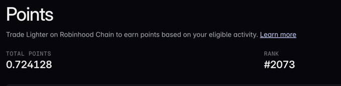 A dark-themed screenshot showing 'Points' earned on Robinhood Chain, with 0.724128 TOTAL POINTS and a RANK of #2073.