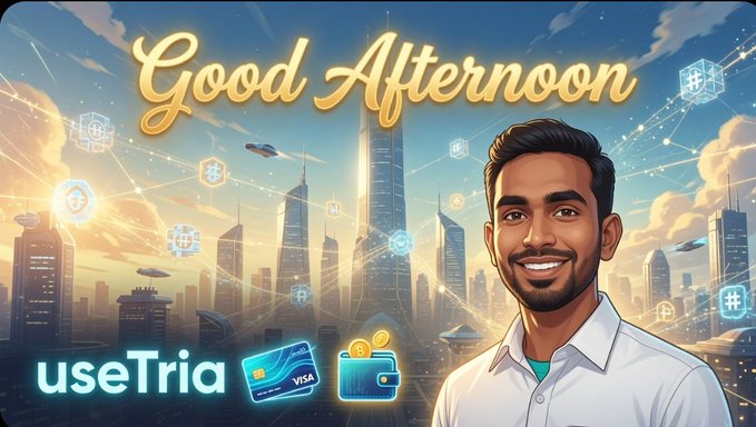 The image features a cartoon man wearing a white shirt standing against a city skyline backdrop. The caption reads "Good Afternoon everyone Hope your day is going smoothly so far. Big shoutout to @useTria A self-custodial crypto neobank that makes things feel simple and practical".