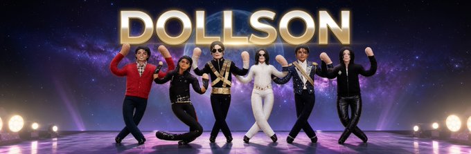 Five performers in costumes pose in a dance formation under a large 'DOLLSON' logo with a cosmic background.