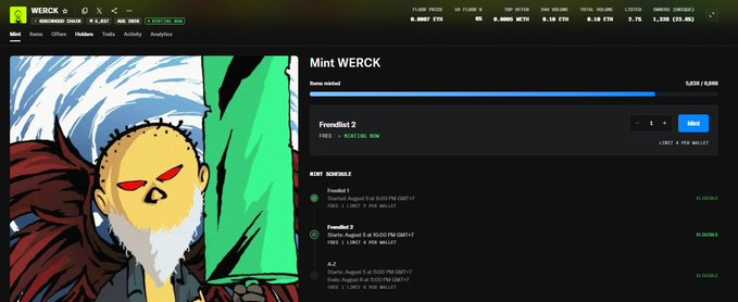The screenshot shows a NFT marketplace page for the "WERCK" collection, displaying a free mint of "FrendBot 2" item with a price of FREE and 1 of 2 minted, along with a mint schedule and collection stats at the top. The illustration features a cartoon character with red eyes and white hair holding a green block, aligning with the post about minting from the Werk collection.