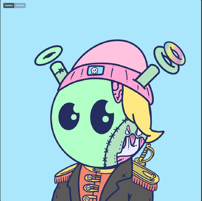 A digital illustration of a cute, stitched-together character with a green head, a pink beanie, and half a yellow-haired face wearing a military-style jacket against a light blue background.