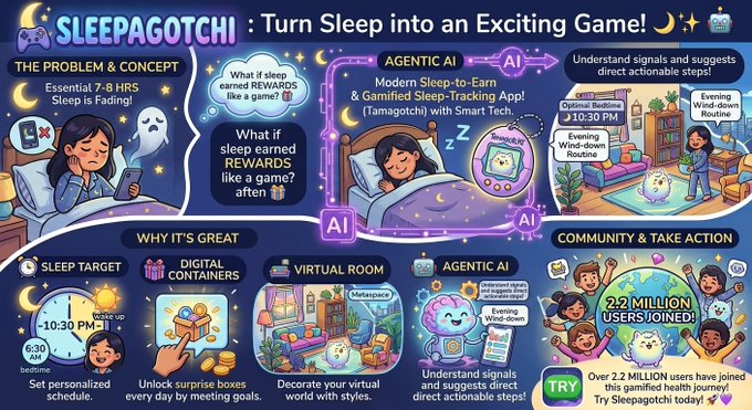 An infographic titled 'SLEEPAGOTCHI - Turn Sleep into an Exciting Game!' explains a sleep-to-earn crypto concept with cartoon illustrations, including sections on 'THE PROBLEM & CONCEPT', 'AGENTIC AI', 'WHY IT'S GREAT', and 'COMMUNITY & TAKE ACTION', noting 'Over 2.2 MILLION USERS JOINED!'.