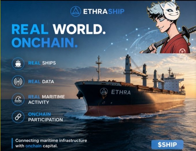 EthraShip promotional graphic featuring 'REAL WORLD. ONCHAIN.' with an anime-style character, a cargo ship labeled ETHRA, and features including Real Ships, Real Data, Real Maritime Activity, and Onchain Participation, connecting maritime infrastructure with onchain capital, ticker $SHIP.