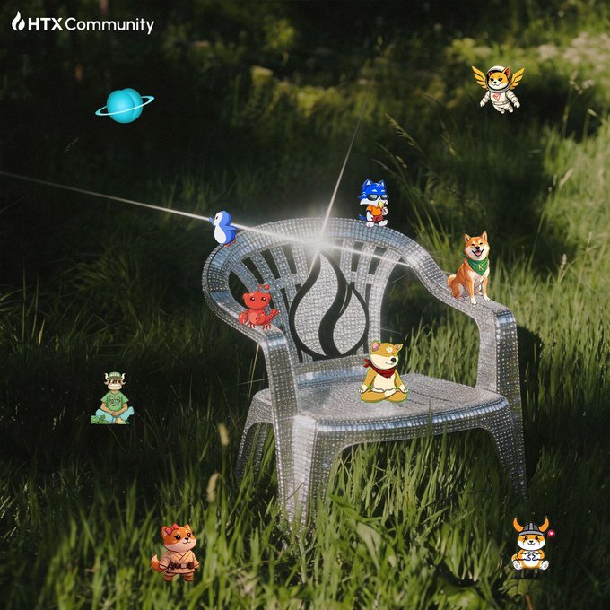 The image features a translucent plastic chair set in a grassy field, adorned with various cartoonish characters including a Shiba Inu, a devil dog, a cat in a robe, and a UFO, along with the "HTX Community" logo in the top left. The whimsical scene of playful characters gathered around the chair mirrors the post's message of resilience and optimism in trading, suggesting that "GM" (good morning) enthusiasm and community spirit will help traders prepare for a green market day despite fears of red.
