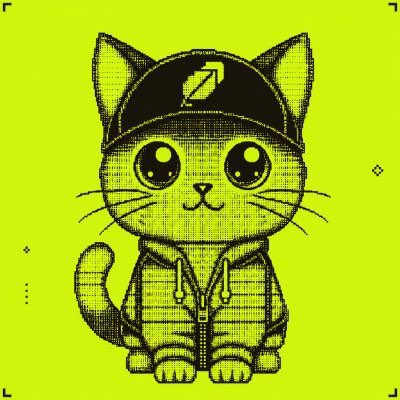 A bright neon green background featuring a black-and-white pixelated illustration of a cat wearing a baseball cap with a logo and a hoodie.