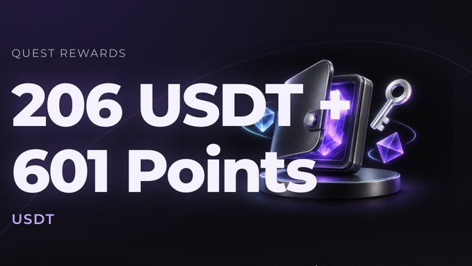 A promotional graphic displays 'QUEST REWARDS' with the amounts '206 USDT' and '601 Points' alongside a 3D illustration of a wallet, key, and floating Ethereum-style crystals on a dark purple background.