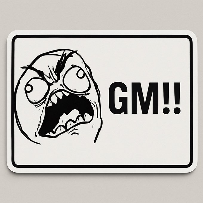 A black-and-white rage comic style meme featuring an exaggerated screaming face next to the text 'GM!!' in bold letters.