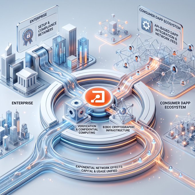A digital graphic illustrating an interconnected ecosystem with text labels including 'ENTERPRISE', 'CONSUMER DAPP ECOSYSTEM', 'VERIFICATION & CONFIDENTIAL COMPUTING', 'B2B2C CRYPTOGRAPHIC INFRASTRUCTURE', and 'EXPONENTIAL NETWORK EFFECTS'.