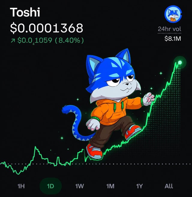 The image features a cartoon cat wearing a blue hoodie and orange pants, actively climbing up a chart or graph that shows a rising line or bar with some text written about "Toshi coin-". This depicts a playful and creative way of representing Toshi, a fictional character who may be the actual name for this digital coin. The post seems to be related to cryptocurrency or digital tokens as it suggests someone who has already acquired Toshi.