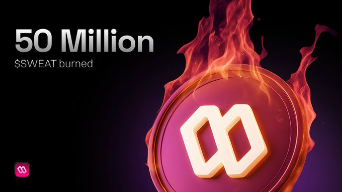 A flaming pink "SWEAT" coin illustration accompanies the announcement that 50 million $SWEAT tokens have been burned, reinforcing the post's message of the token's deflationary nature.