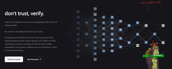 A dark webpage titled 'don't trust, verify.' explains Kaspa's proof verification process with a network diagram showing block hashes and a 'DO IN REAL-TIME' annotation pointing to a Pepe meme image.