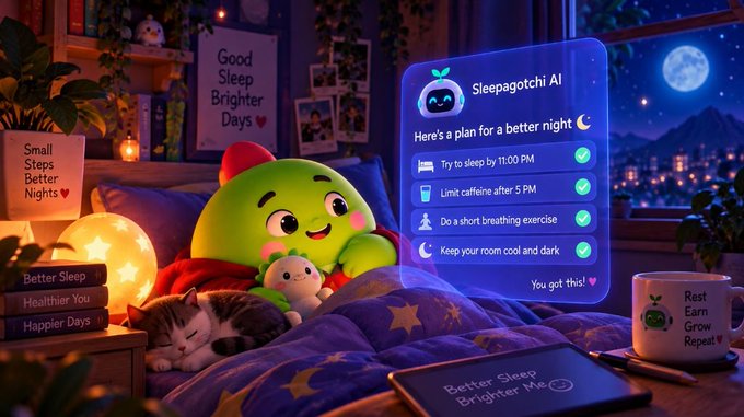 A whimsical illustration featuring 'Sleepagotchi AI' providing a better sleep plan checklist, with a green character on a bed, a sleeping cat, and a moonlit city view.