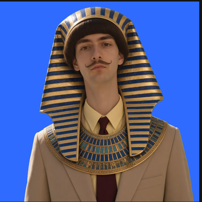 A digital portrait of a young man with a mustache wearing a pharaoh's headdress with blue and gold stripes and an ornate collar against a blue background.