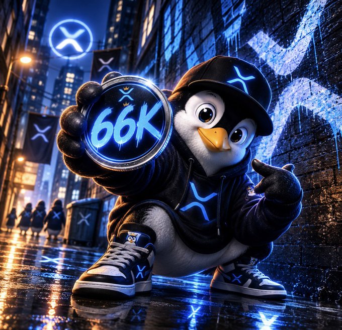 A stylized 3D penguin mascot wearing a black cap, hoodie, and sneakers holds up a glowing circular badge displaying '66K' in a neon-lit urban alleyway featuring graffiti and an 'X' logo.