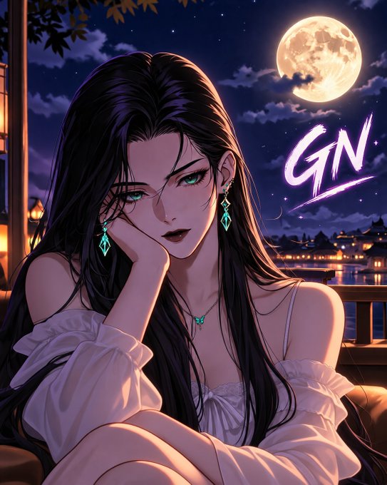 An anime-style digital illustration of a dark-haired woman with green eyes and emerald earrings against a night sky with a full moon, featuring stylized 'GN' text.