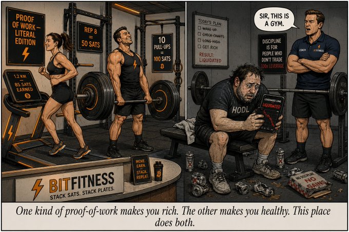 A satirical cartoon titled 'BITFITNESS: STACK SATS. STACK PLATES.' showing two gym scenes—one with fit people doing 'Proof of Work' and another with a disheveled man holding a 'LIQUIDATED' tablet—contrasting healthy exercise with crypto trading, captioned 'One kind of proof-of-work makes you rich. The other makes you healthy. This place does both.'