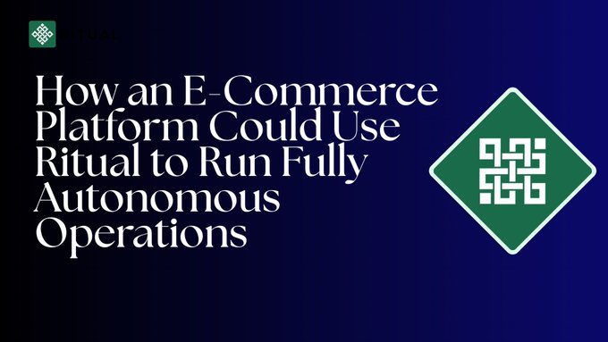 A dark blue graphic with a green logo reads 'How an E-Commerce Platform Could Use Ritual to Run Fully Autonomous Operations', accompanied by a green diamond-shaped icon containing a maze pattern.