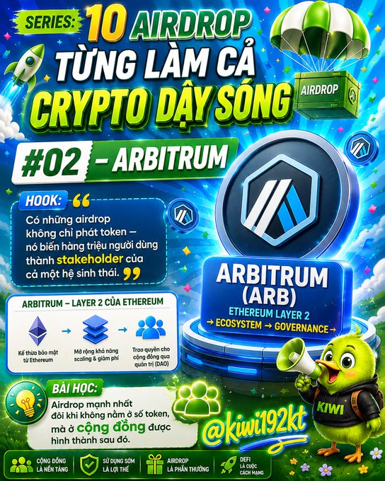 A vibrant Vietnamese-language infographic promoting an airdrop series titled "SERIES: 10 AIRDROP TỪNG LÀM CẢ CRYPTO DẬY SÓNG," specifically highlighting #02 ARBITRUM (ARB), an Ethereum Layer 2 solution. The image features the Arbitrum logo, a cartoon kiwi mascot, and explanatory diagrams showing how Arbitrum scales Ethereum transactions and enables DAO governance, with a key lesson that not every airdrop requires constant engagement to be valuable.
