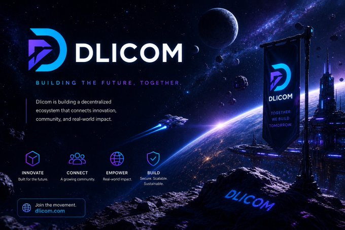 A futuristic space-themed promotional banner for **Dlicom**, featuring a cosmic backdrop with planets, a spacecraft, and a futuristic cityscape, alongside the tagline "Building the Future, Together." The design highlights Dlicom's four key pillars—Innovate, Connect, Empower, and Build—reinforcing its vision of creating a decentralized ecosystem that unites innovation, community, and real-world impact, with a call-to-action inviting viewers to "Join the movement" at dlicom.com.