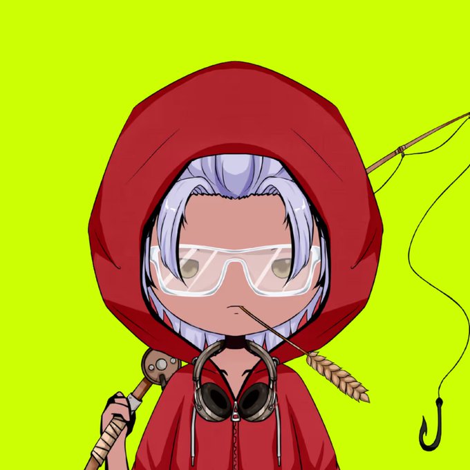 A chibi-style NFT character with white hair, large round glasses, and a red hooded jacket is depicted holding a fishing rod with headphones around their neck, set against a vibrant neon green background — symbolizing the "BROKERS Kids" collection's launch and free mint promotion.