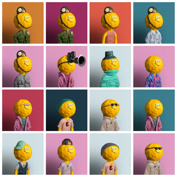 The image features a collection of twelve cartoon faces, each wearing different outfits and accessories such as hats or scarves. The faces are arranged in four rows with three faces per row. Each face has a unique outfit that includes items like ties, scarves, and sunglasses. The colors used for the faces vary, adding to the visual appeal of the image. The post appears to be promoting an event or gathering related to real estate investing, as indicated by the caption "Real believers don'T WETH and run. HODL. Enjoy the sale. Hunt grails. Accumulate."