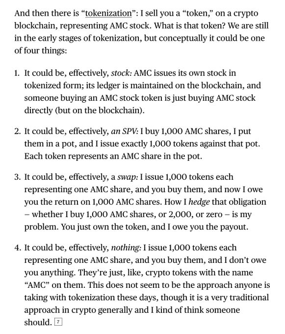 A text excerpt discussing 'tokenization' on a crypto blockchain, listing four conceptual possibilities: stock, an SPV, a swap, and nothing, using AMC stock as an example.