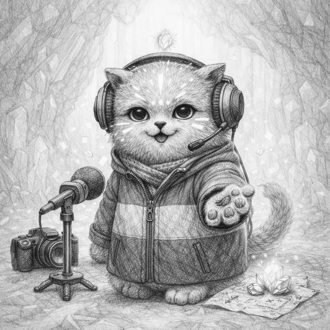 A detailed pencil sketch depicts an adorable kitten wearing headphones and a hooded jacket, standing beside a microphone and camera with its paw extended, set against a crystalline cave backdrop with gems scattered nearby.
