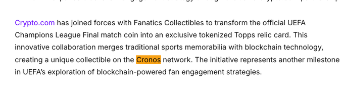 The image includes a caption that reads "Cronos Will Host UEFA Final Match Coin Exclusive One-of-a-Kind tokenized relic Card". This information can be related to the content of the image, which is a screenshot from an article titled " UFC Has joined forces with Fanatics Collectibles to transform the Official UEFA". The main point of the post is that Cronos will host an exclusive match between two teams, and fans may have the opportunity to purchase tokenized relics as a collectible souvenir.
