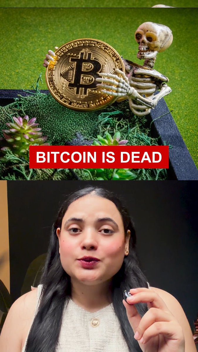 The image shows a YouTube-style thumbnail with the top half featuring a skeleton figurine holding a gold Bitcoin coin with the bold text "BITCOIN IS DEAD," while the bottom half displays a woman in a sleeveless white top gesturing while speaking. The "Bitcoin is dead" graphic contrasts ironically with the post's optimistic question about Bitcoin reaching ₹1 Crore, suggesting the creator is debunking bearish claims to make a bullish case for Bitcoin's future price potential.