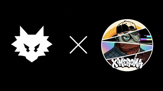 A collaboration graphic on a black background featuring a white stylized wolf logo, an 'X' in the middle, and a colorful 'KINGBONG' circular NFT/avatar design on the right.