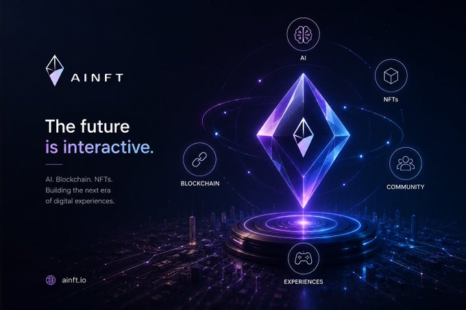 A promotional graphic for AINFT with the tagline 'The future is interactive.' featuring a glowing purple diamond/crystal symbol surrounded by icons representing AI, NFTs, Community, Blockchain, and Experiences, with the URL ainnft.io.