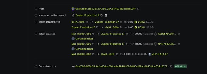 A cryptocurrency transaction record shows an interaction with a 'Zupiter Prediction LP' smart contract and token mining activities.