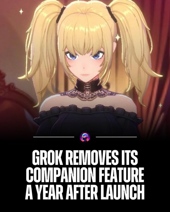 An anime-style blonde character with twintails is overlaid with the headline 'GROK REMOVES ITS COMPANION FEATURE A YEAR AFTER LAUNCH.'