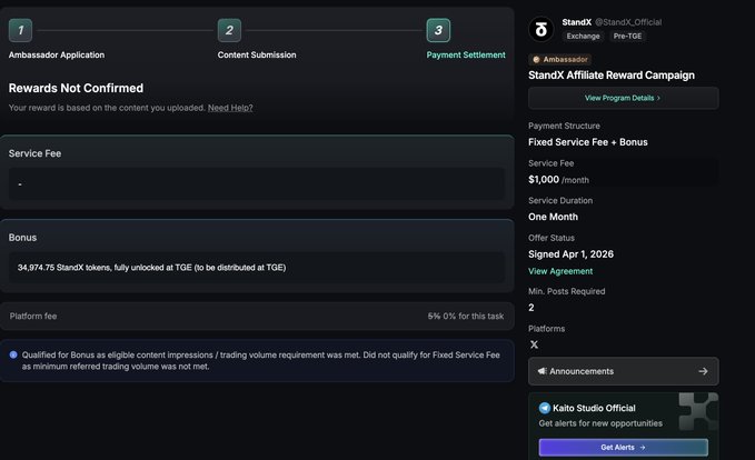 A StandX affiliate reward dashboard shows 'Rewards Not Confirmed' status, with a service fee of $1,000/month, bonus of 34,974.75 StandX tokens, and note that the user qualified for Bonus but not Fixed Service Fee.