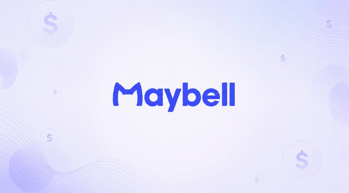 A minimalist graphic displaying the name 'Maybell' in bold blue text on a soft lavender background decorated with faint dollar sign symbols and circular patterns.