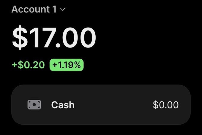 A financial app interface displaying an Account 1 balance of $17.00, showing a gain of +$0.20 (+1.19%) with $0.00 Cash.