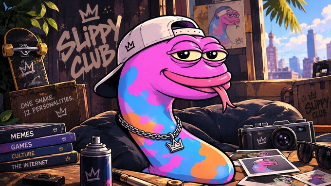 Stylized cartoon image of a purple and blue snake wearing a backwards cap and chain, set in a room with graffiti reading "SLIPPY CLUB," "ONE SNAKE, 12 PERSONALITIES," and books labeled "MEMES," "GAMES," "CULTURE," "THE INTERNET."