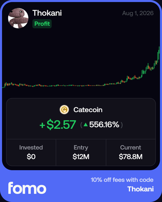 A user's Fomo app profile showcases a profitable trade on Catecoin, displaying a +556.16% gain (or +$2.57) with an entry market cap of $12M and a current market cap of $78.8M, supporting their casual claim that "this trading shit to easy."